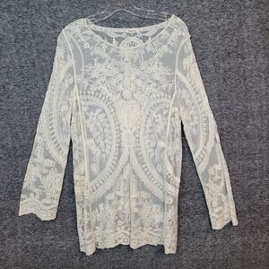 Phase One Top Womens S Ivory Embroidered Mesh Romantic Fairy Nymph Long Sleeve